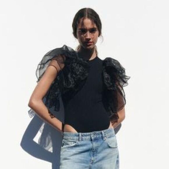 Zara Tops - ZARA ORGANZA RUFFLE RIB BODYSUIT
BLACK